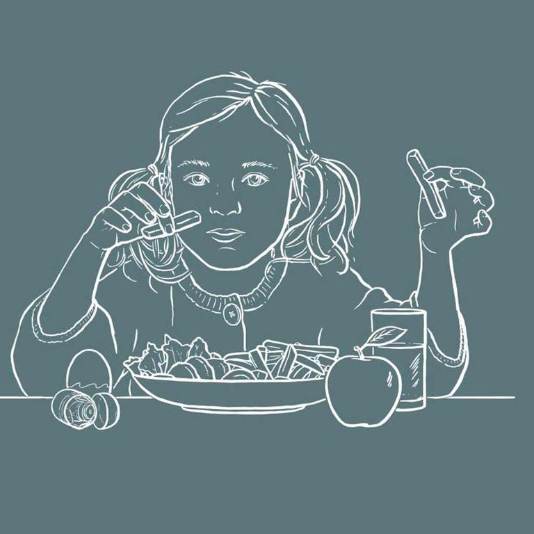 Line drawing of a girl eating