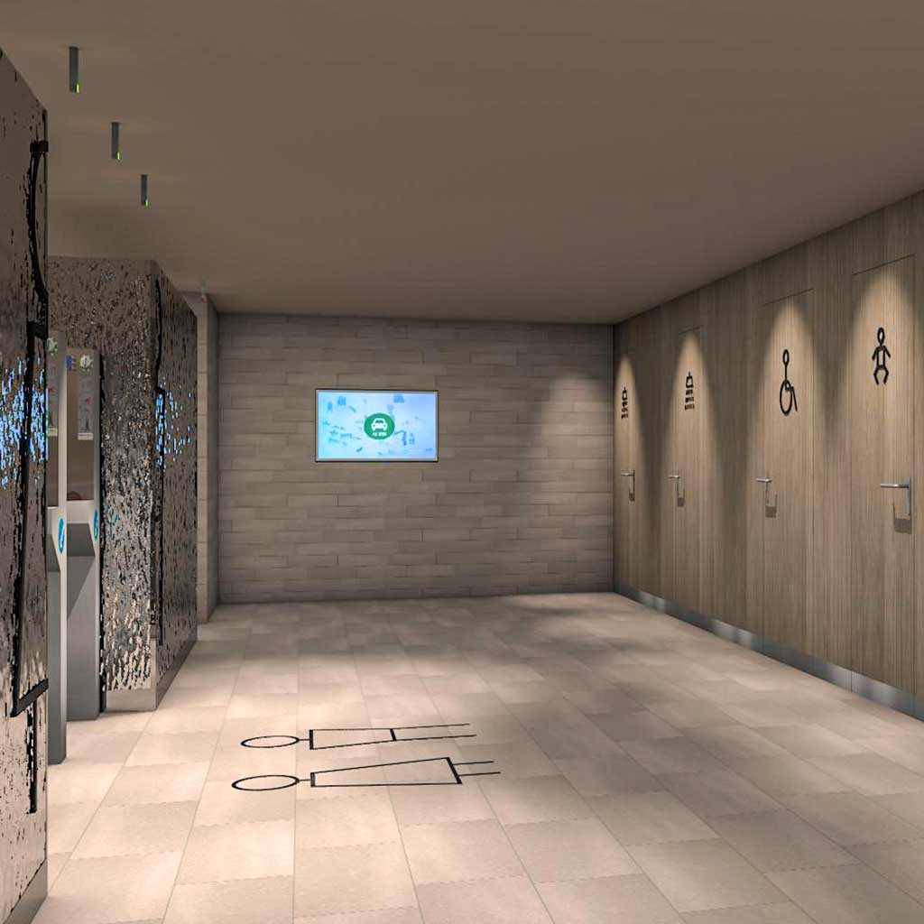 Moderne, saubere WC-Anlage in Steinarchitektur